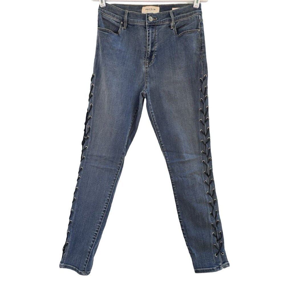 PACSUN Jeans Jegging Womens Sz 28 Blue Hi-Rise Ankle Leather Laced Sides Skinny